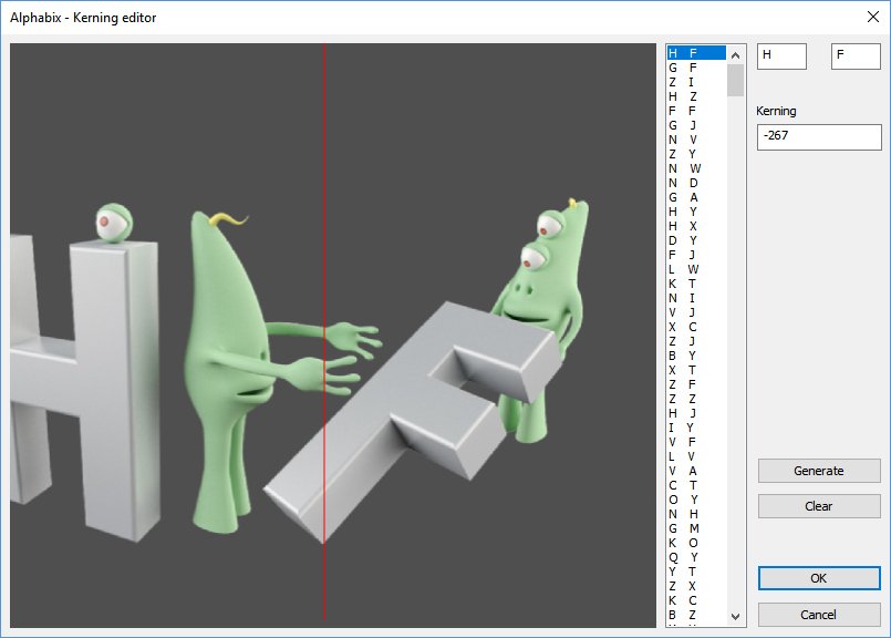 V programu Alphabix upravíte mezery pro každý glyf i vzájemné rozestupy kerningových párů a další typografické parametry vašeho obrázkového písma