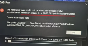 Chybová hláška při neúspěšné instalaci VEGAS PRO oznamuje problém s konkrétní verzí Microsoft Visual C++ Redistributable