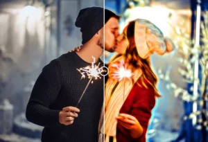 Ukázka efektu kreslení svítícími neonovými barvami ve videu před a po s video pluginem AKVIS Neon Video