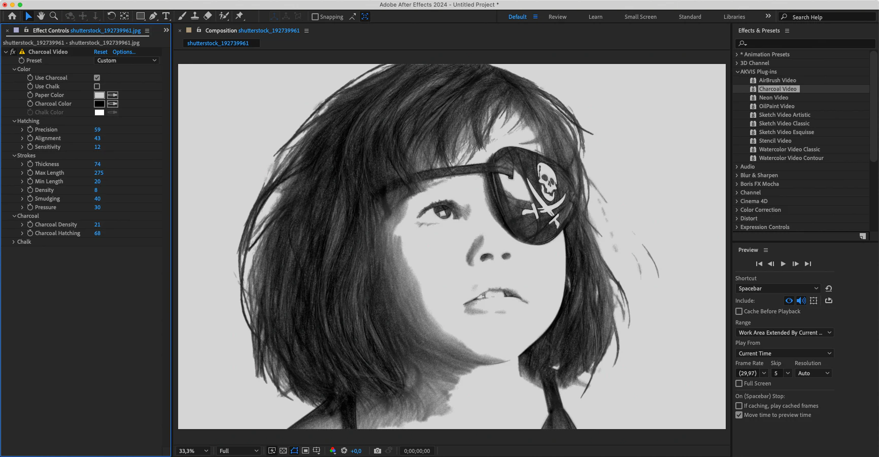 Uživatelské rozhraní video pluginu AKVIS Charcoal Video