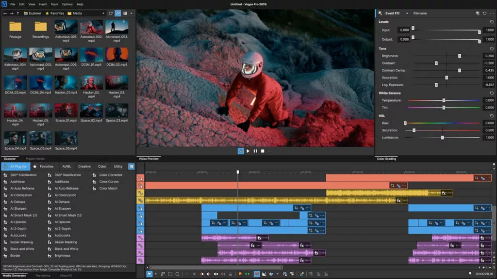 Nový Vegas Pro 2026 od Boris FX je velmi flexibilní — přizpůsobte si pracovní plochu podle svého